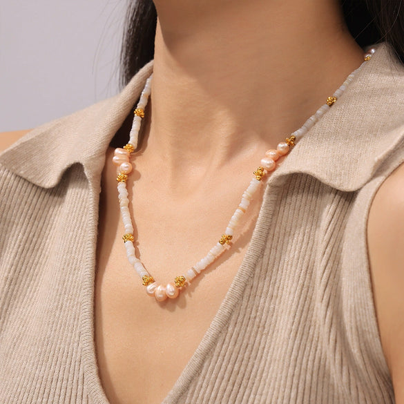 Necklace Natural Freshwater Pearl Shell Beaded 316L Stainless Steel 18K Gold Plated Geometric Sweet Design