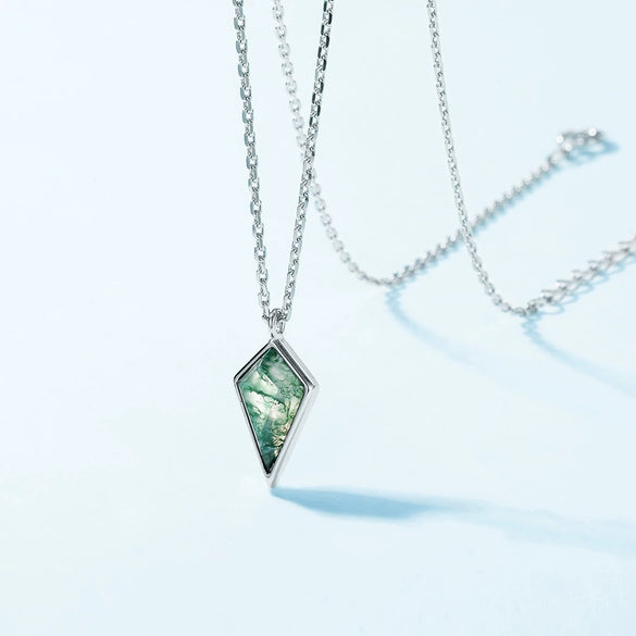 Necklace Natural Geometric Green Moss Stone S925 Silver Inlaid With Water Grass Agate Retro Style