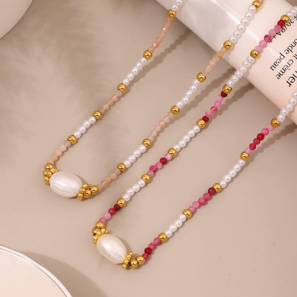 Necklace Natural Stone 316L Stainless Steel Geometric Pattern Handmade Electroplated Women Accessories