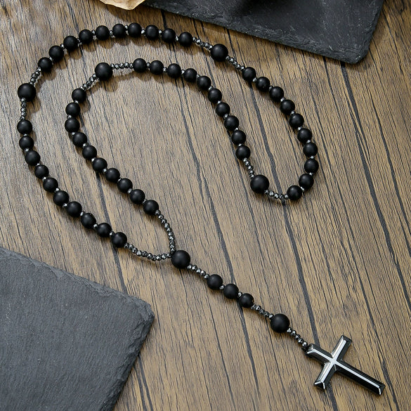 Necklace Natural Stone Yellow Tiger Eye Iron Stone Cross Geometric Handmade Men's Hip Hop Style Alloy Pendant Cotton Thread Chain