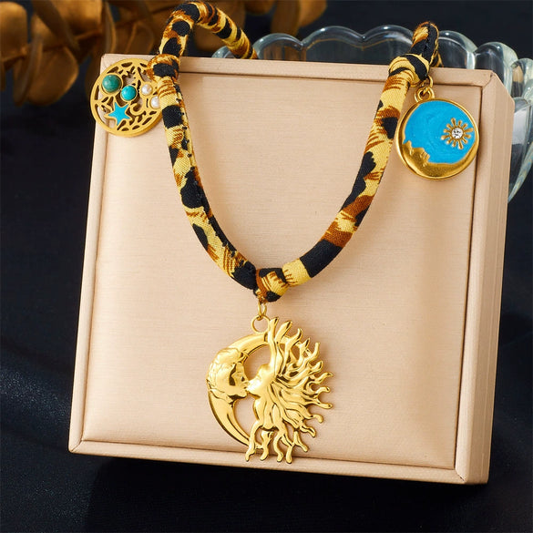 Necklace Nylon Stainless Steel Leopard Print Geometric Oil Dripping Marine Life Moon Pendant Electroplating For Women