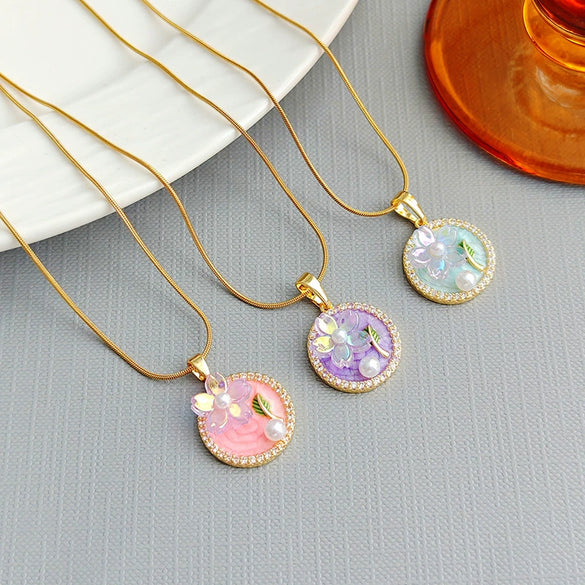 Necklace Pearl Fivepetal Flower Copper Titanium Steel Electroplating O Word Chain Women's Fashion