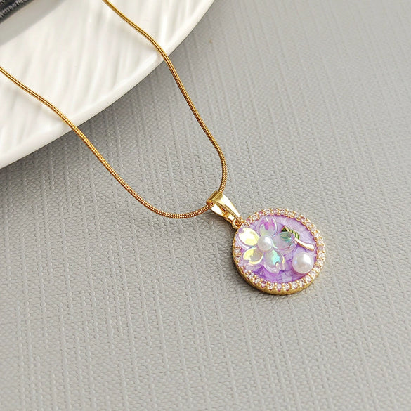 Necklace Pearl Fivepetal Flower Copper Titanium Steel Electroplating O Word Chain Women's Fashion