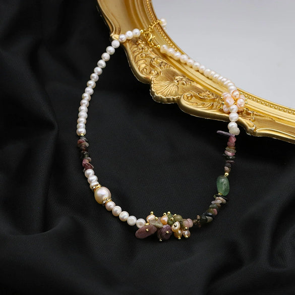 Necklace Pearl Freshwater Baroque Tourmaline Geometric Electroplating Women's