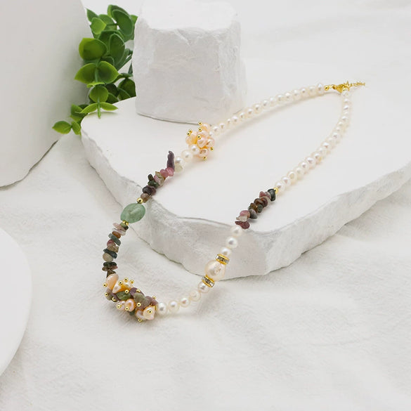 Necklace Pearl Freshwater Baroque Tourmaline Geometric Electroplating Women's