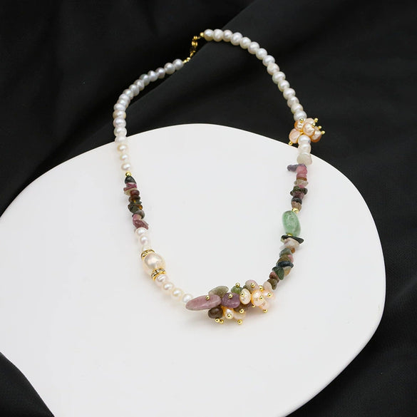 Necklace Pearl Freshwater Baroque Tourmaline Geometric Electroplating Women's