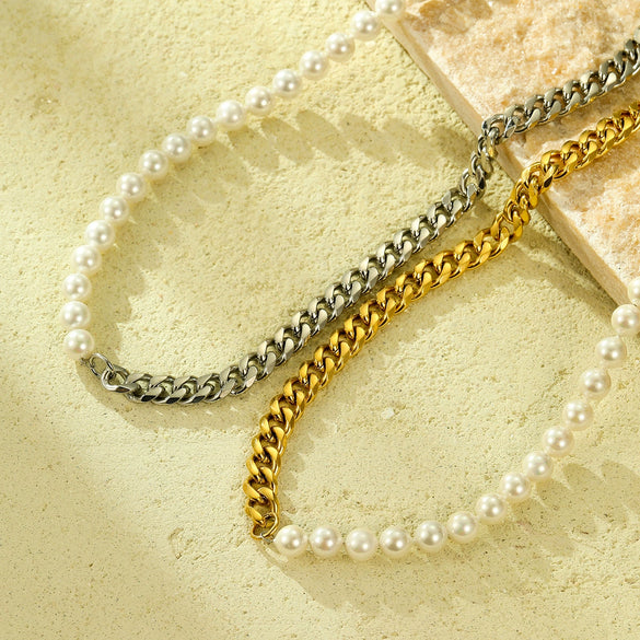 Necklace Pearl Splicing Titanium Steel Plated 18K Gold Fashion Style