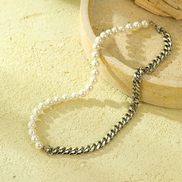 Necklace Pearl Splicing Titanium Steel Plated 18K Gold Fashion Style