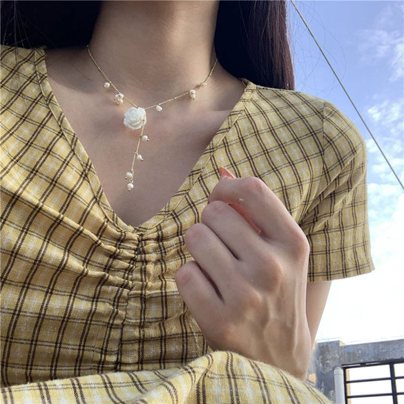 Necklace Pearl Titanium Steel Drop Shape Flower Design For Women