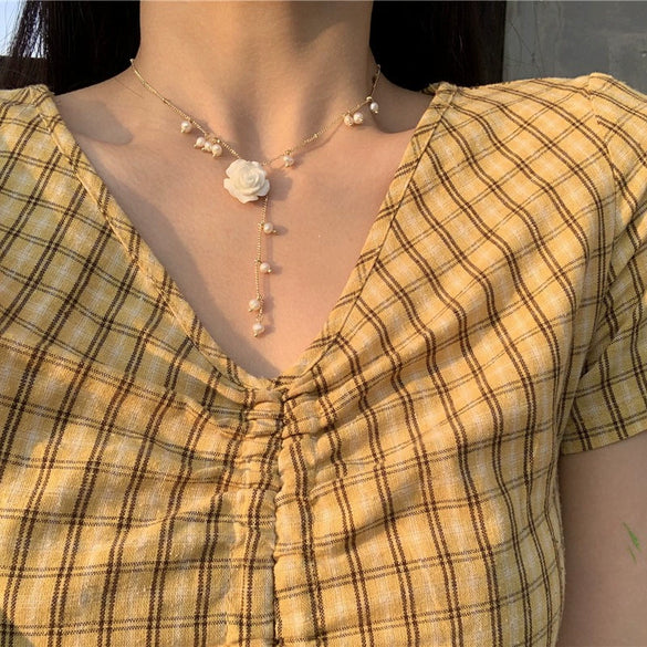 Necklace Pearl Titanium Steel Drop Shape Flower Design For Women