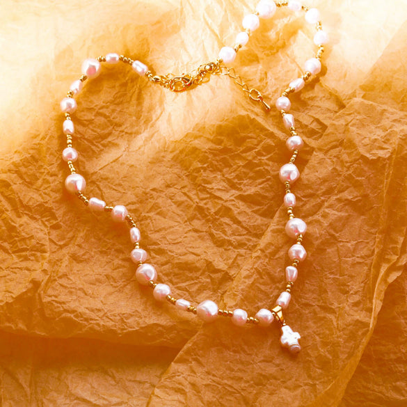 Necklace Pearls Copper Geometric Diamond Vintage Style