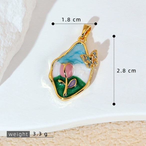 Necklace Pendant Accessories Copper Imitation Pearl Oil Drop Plants Flowers Retro Art Dripping Oil Style