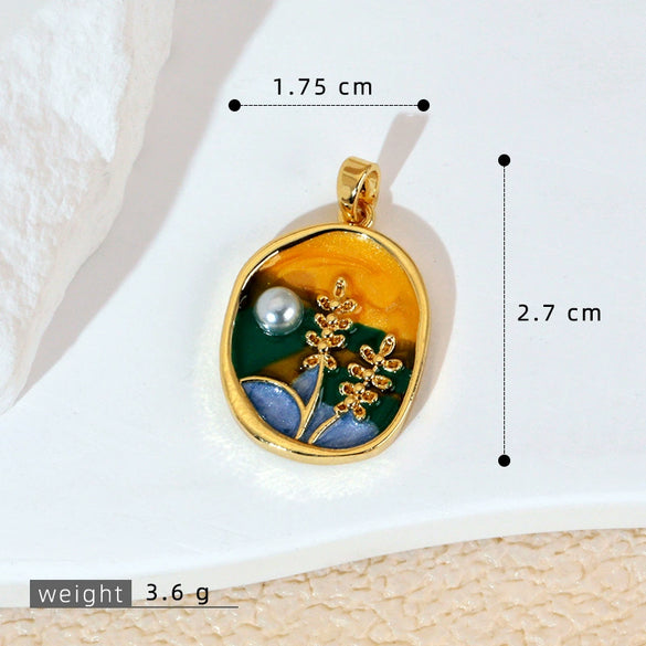 Necklace Pendant Accessories Copper Imitation Pearl Oil Drop Plants Flowers Retro Art Dripping Oil Style