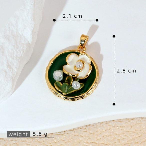 Necklace Pendant Accessories Copper Imitation Pearl Oil Drop Plants Flowers Retro Art Dripping Oil Style
