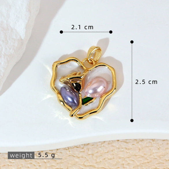 Necklace Pendant Accessories Copper Imitation Pearl Oil Drop Plants Flowers Retro Art Dripping Oil Style