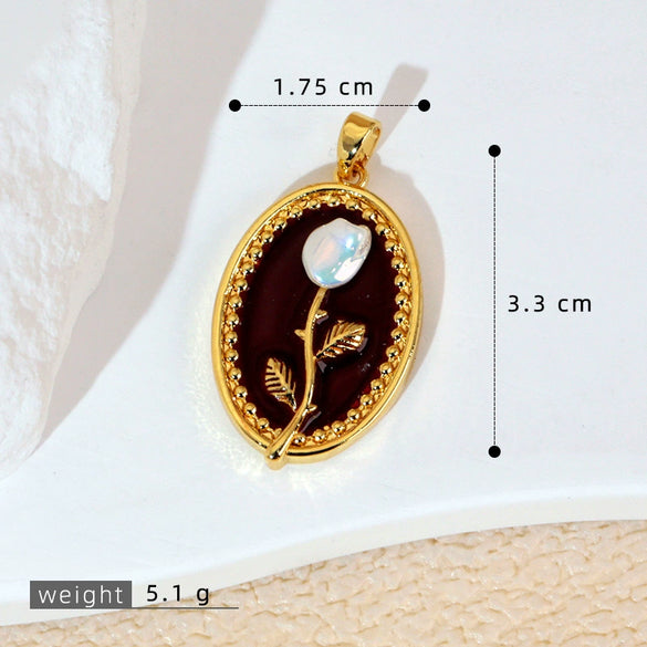 Necklace Pendant Accessories Copper Imitation Pearl Oil Drop Plants Flowers Retro Art Dripping Oil Style