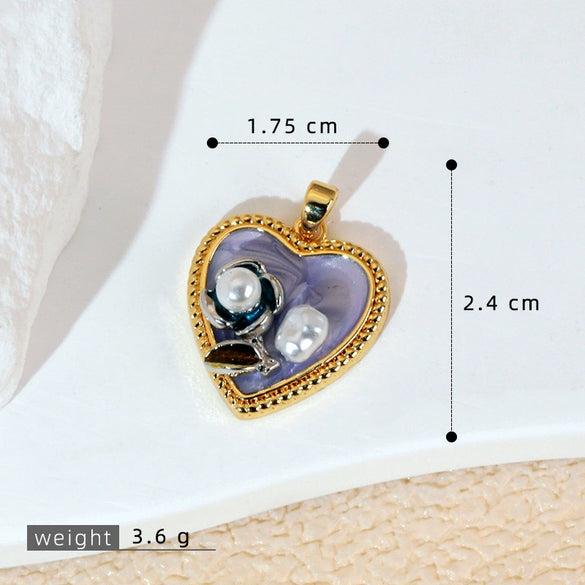 Necklace Pendant Accessories Copper Imitation Pearl Oil Drop Plants Flowers Retro Art Dripping Oil Style