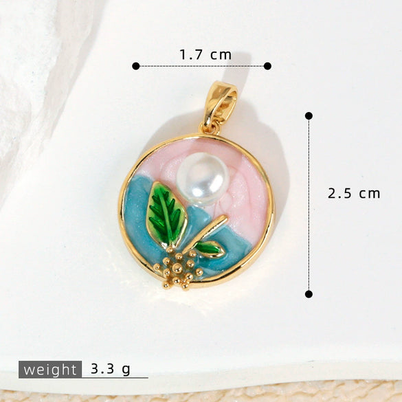 Necklace Pendant Accessories Copper Imitation Pearl Oil Drop Plants Flowers Retro Art Dripping Oil Style