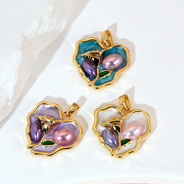 Necklace Pendant Accessories Copper Imitation Pearl Oil Drop Plants Flowers Retro Art Dripping Oil Style