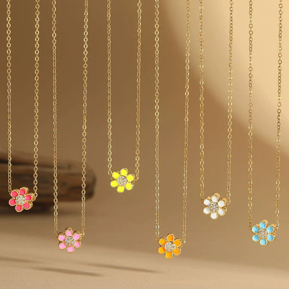 Necklace Pendant Clavicle Chain Mixed Gemstone Inlay Copper Dripping Oil Flower Design Women Minimalist