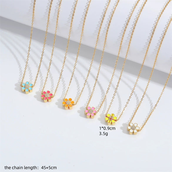 Necklace Pendant Clavicle Chain Mixed Gemstone Inlay Copper Dripping Oil Flower Design Women Minimalist