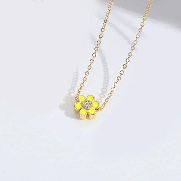 Necklace Pendant Clavicle Chain Mixed Gemstone Inlay Copper Dripping Oil Flower Design Women Minimalist