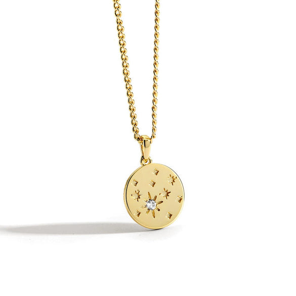 Necklace Pendant Disc Star Diamond Gold Plated Brass Retro Style