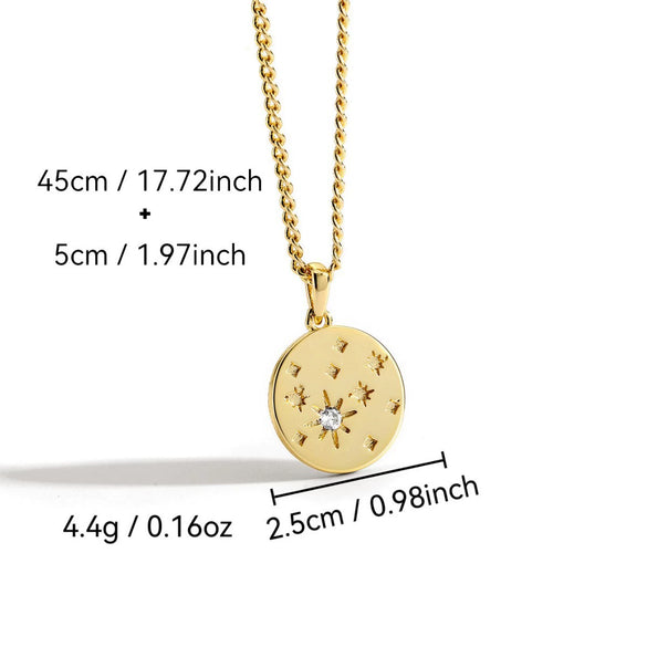 Necklace Pendant Disc Star Diamond Gold Plated Brass Retro Style