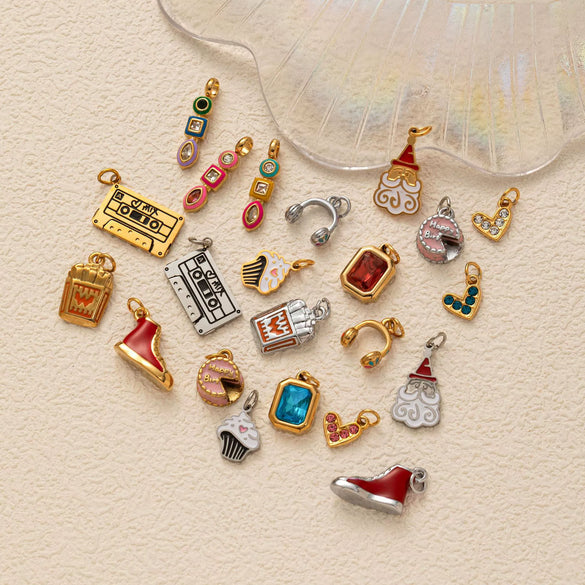 Necklace Pendant Ins Style Stainless Steel Electroplating With Tape Cake Clouds Shoes Ruby Rhinestone Fries Headset Walkman Sapphire