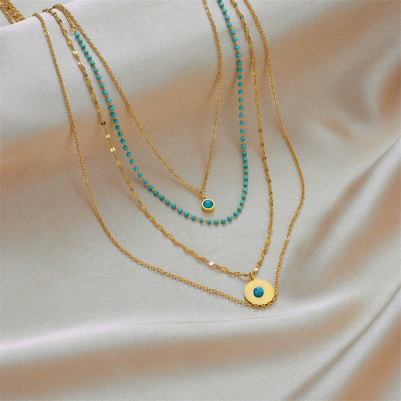 Necklace Pendant Multilayer Irregular Round Turquoise Stainless Steel Geometric Electroplated