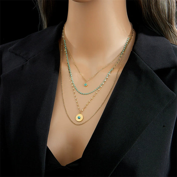 Necklace Pendant Multilayer Irregular Round Turquoise Stainless Steel Geometric Electroplated