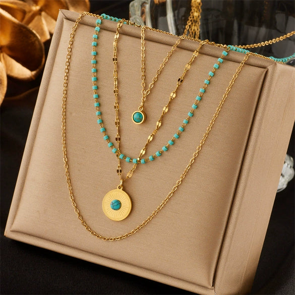 Necklace Pendant Multilayer Irregular Round Turquoise Stainless Steel Geometric Electroplated