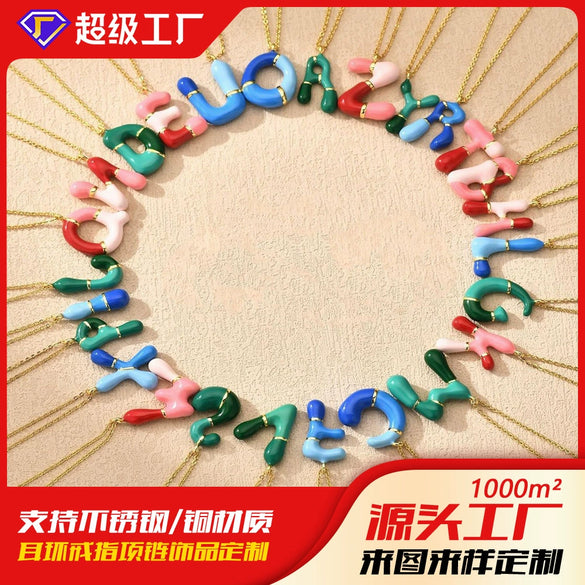 Necklace Pendant Stainless Steel Dripping Oil Colorful Enamel Letters Pattern Clavicle Chain