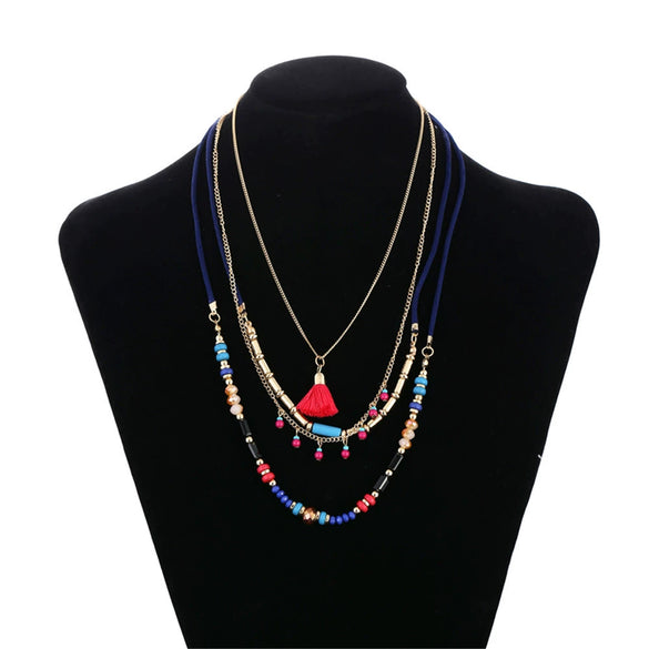 Necklace Plastic Resin Alloy Geometric Ball Chain Multilayer Bead Chain Tassel Pendant Bohemian Style