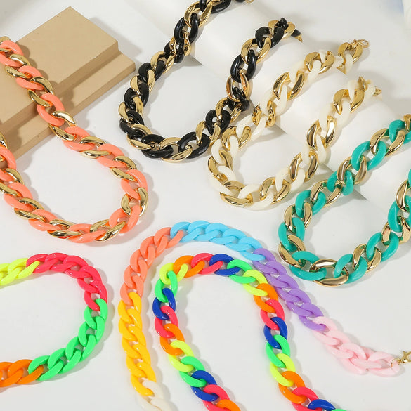 Necklace Plastic Resin Alloy Geometric Cuban Chain Punk Rainbow Acrylic