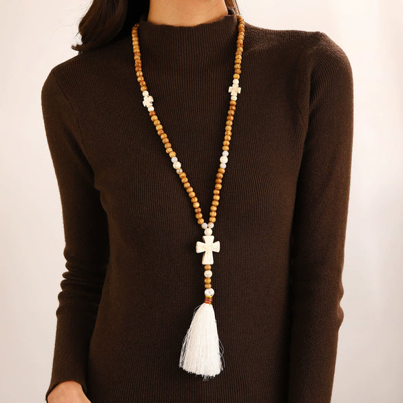 Necklace Plastic Resin Beaded Geometric Plaid Bohemian Cross Pendant Cotton Tassel