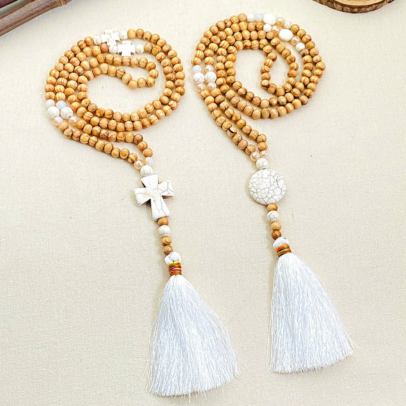 Necklace Plastic Resin Beaded Geometric Plaid Bohemian Cross Pendant Cotton Tassel