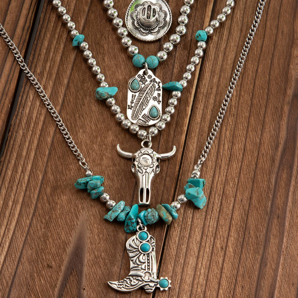 Necklace Punk Retro Metal Turquoise Cow Head Geometric Style