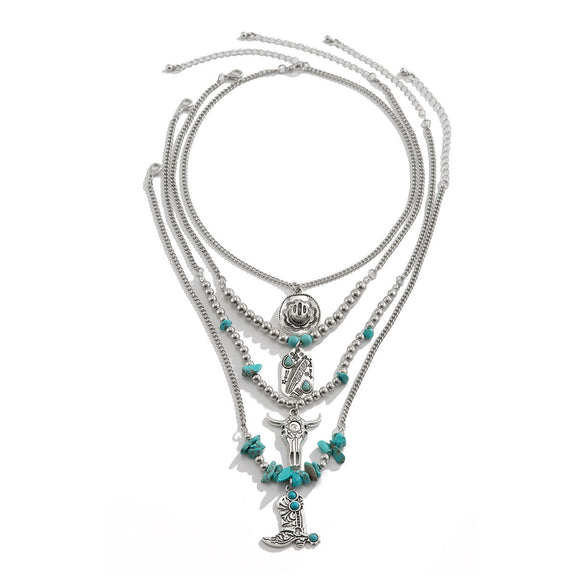 Necklace Punk Retro Metal Turquoise Cow Head Geometric Style