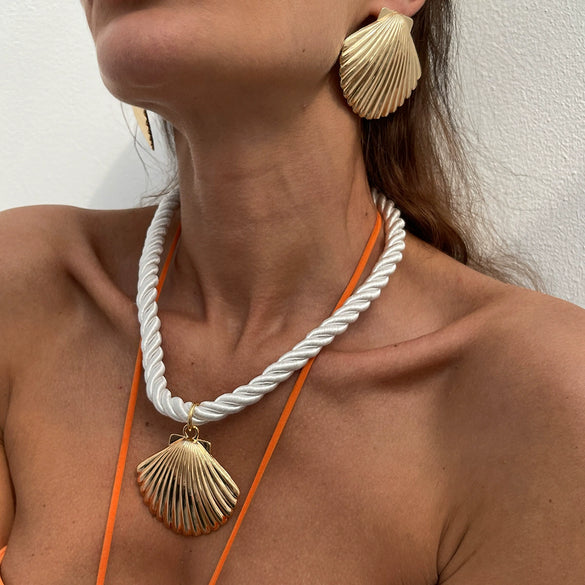 Necklace Ropealloy Geometric Pattern Electroplating Metal Fan Shell Pendant Women
