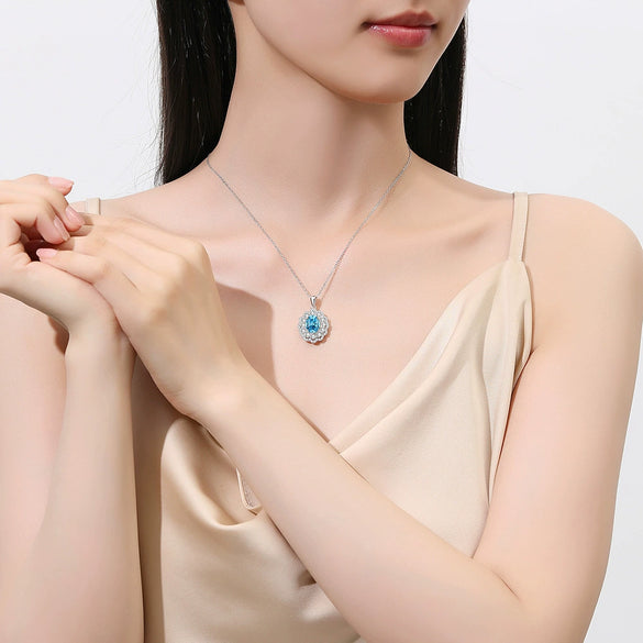 Necklace S925 Pure Silver High Carbon Diamond Aquamarine Marine Zircon Floral Cut Geometric Style For Women