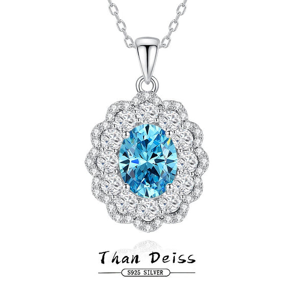 Necklace S925 Pure Silver High Carbon Diamond Aquamarine Marine Zircon Floral Cut Geometric Style For Women