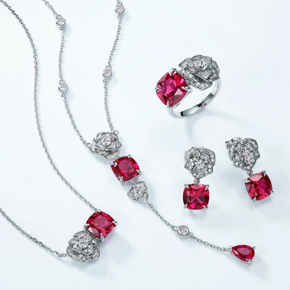 Necklace S925 Silver Inlaid Cultivated Ruby Geometric Flower Pattern Diamond Design Highend Women's