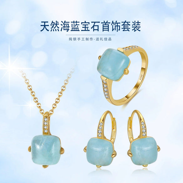 Necklace S925 Sterling Silver Natural Aquamarine 14K Gold Heart Shaped Geometric Cross Chain Electroplated Jewelry
