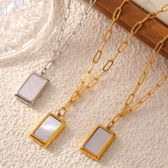 Necklace Sea Shells Square Pendant Titanium Steel 18K Gold Plated Geometric Allmatch Women's Jewelry