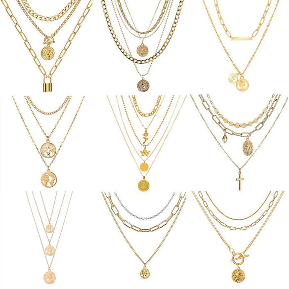 Necklace Set Alloy Metal Geometric Embossed Pendant Electroplating Snake Bone Chain Light Luxury Style Women's
