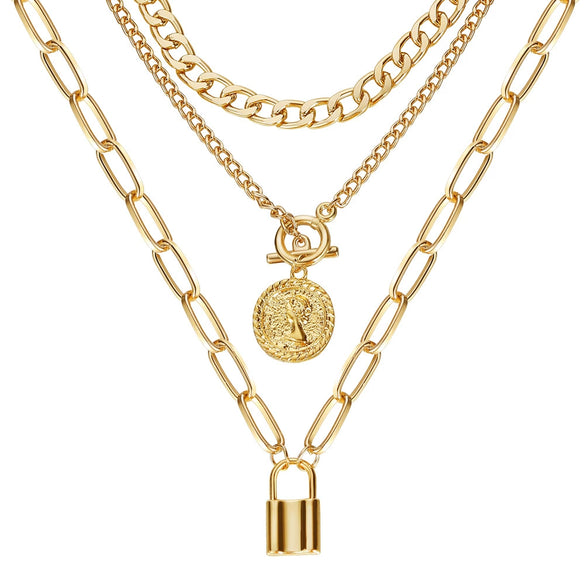 Necklace Set Alloy Metal Geometric Embossed Pendant Electroplating Snake Bone Chain Light Luxury Style Women's
