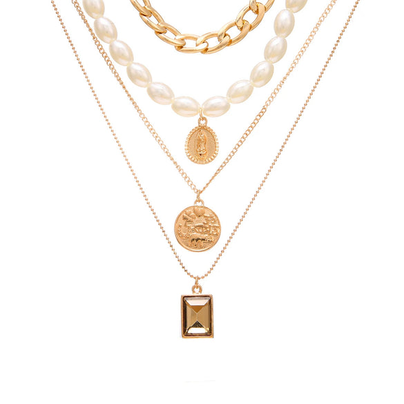 Necklace Set Alloy Metal Geometric Embossed Pendant Electroplating Snake Bone Chain Light Luxury Style Women's
