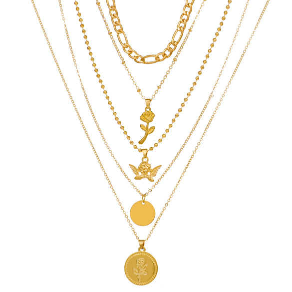 Necklace Set Alloy Metal Geometric Embossed Pendant Electroplating Snake Bone Chain Light Luxury Style Women's