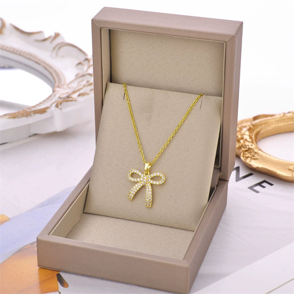 Necklace Set With Diamond Bow Pendant Titanium Steel Mixed Gem Inlay Geometric Electroplating Ochain For Women